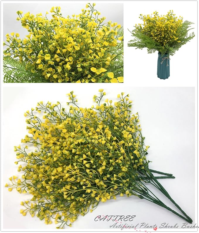 CATTREE Artificial Shrubs Bushes, Plastic Fake Plants Wedding Indoor Outdoor Home Garden Verandah Kitchen Office Table Centerpieces Arrangements Christmas Decoration Yellow 4 pcs