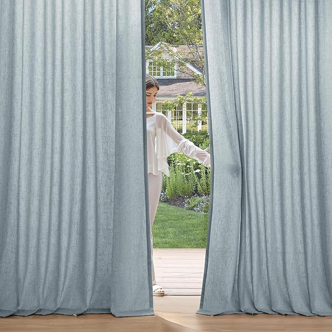 MIULEE Non-See-Through Privacy Linen Curtains 2 Panels, Light Filtering Window Curtains Farnhouse Textured Back Tab Semi Sheer Drapes for Bedroom Living Room, 52 x 90 Inches Long, Stone Blue