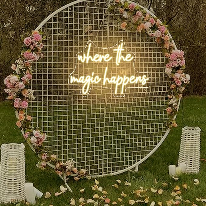 Where The Magic Happens Neon Sign Led Light Up Signs for Wall Decor USB Powered Letter Neon Light Signs for Bedroom Wedding Decor Birthday Party Shop Bar Man Cave 16 x 9.6''(Warm White)