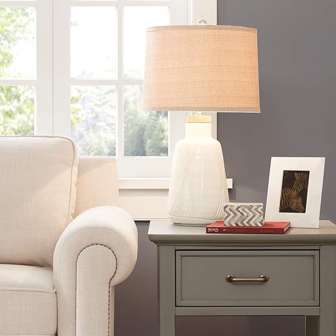 Hampton Hill Tate Ivory White Unique Modern Table Lamp, Contemporary Round Ceramic Wood Desk Light, 15" Dia x 24.5" H, Ivory