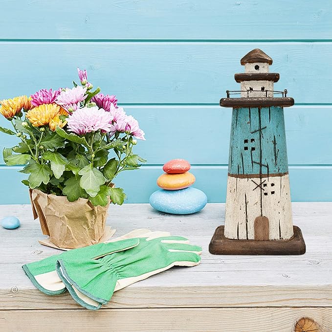 K KILIPES Beach Lighthouse for Bathroom Nautical Home Decor, 13" H Wood Lighthouse Table Decoration Coastal Centerpiece Hand Crafted Lighthouse Sculpture Ocean Decorations (Blue, M)