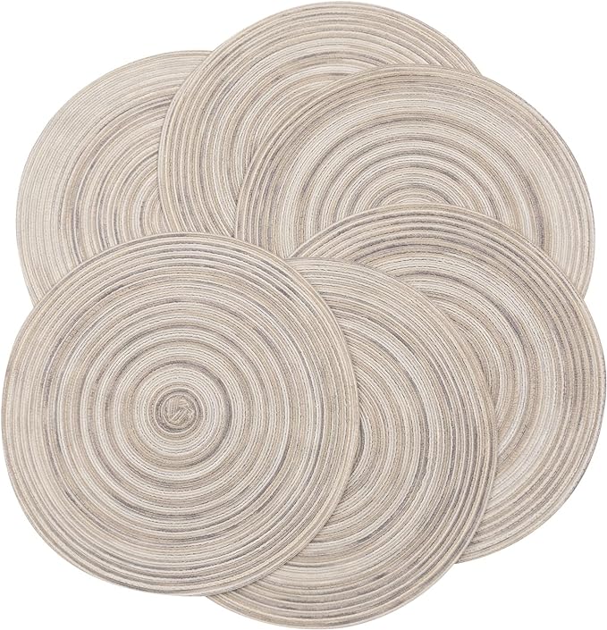 SHACOS Round Braided Placemats 15 inch Set of 4 Variegated Washable Kitchen Table Placemats for Home Wedding Party (Rainbow Gray, 4)