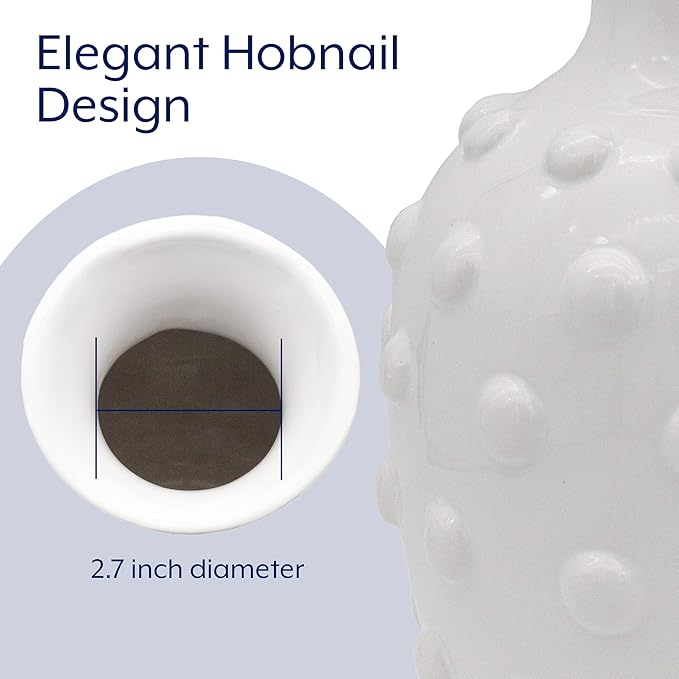 AuldHome Vintage White Hobnail Ceramic Vase, 11 inches tall, 5.4 inch diameter