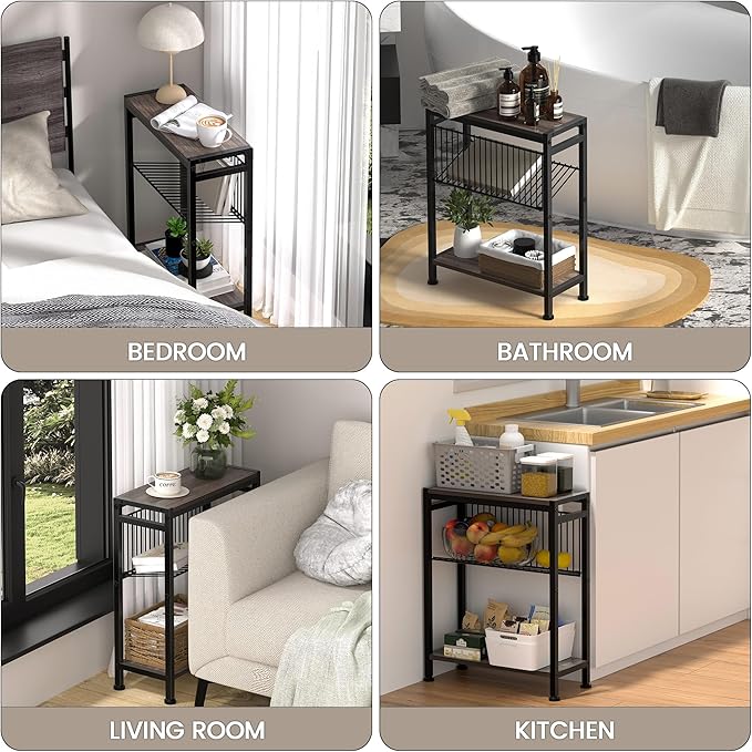 Small Side Table Set of 2 for Small Space, 3-Tier Narrow End Tablewith Magazine Holder,Small Nightstand, Skinny Snack Couch Table in Living Room, Bedroom Study and Balcony(Ash Brown)