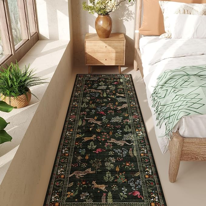 Runner Rug for Kitchen Rug Non Slip 2'x6' Washable Rugs with Rubber Backing Soft Floral Animal Carpet Runner for Kitchen, Laundry, Bedroom, Bathroom (Green)