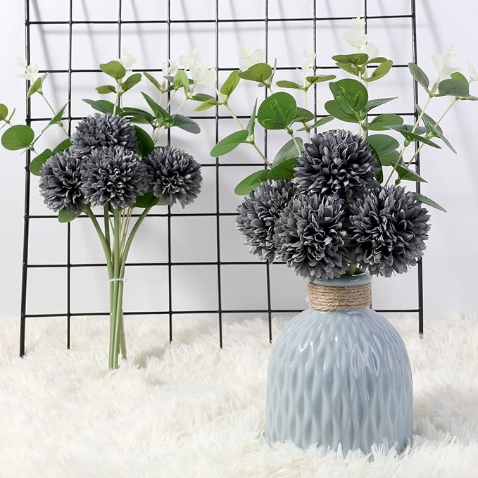 Kimura's Cabin 20Pcs Black Fake Silk Flowers Artificial Chrysanthemum Ball Flower Faux Mums Flowers for Home Dining Table Core Halloween Party DIY Decoration Bouquets (Grey Black)
