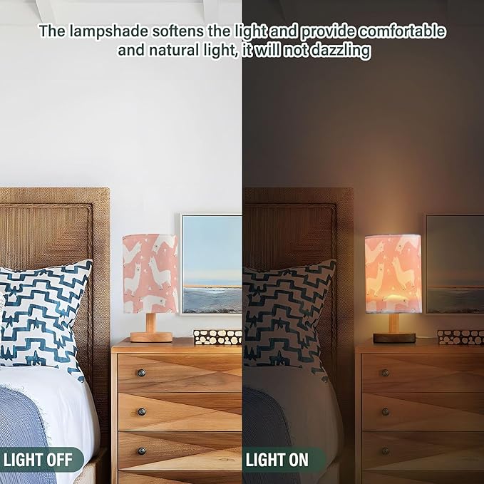 Table Lamp White Llama Alpaca Geometric Triangle on Pink Nightstand Lamp with Wood Base Fabric Lamp Shade Bedside Desk Lamp for Living Room Bedroom Kids Room Office