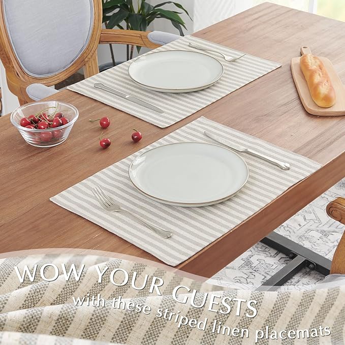 JINCHAN Linen Striped Placemats Set of 4 Gray Farmhouse Cloth Place Mats Sturdy Table Mats Soft Washable Placemats for Kitchen Dining Table Double Layer Heat Resistant Tablemats 13x19 Inch Grey