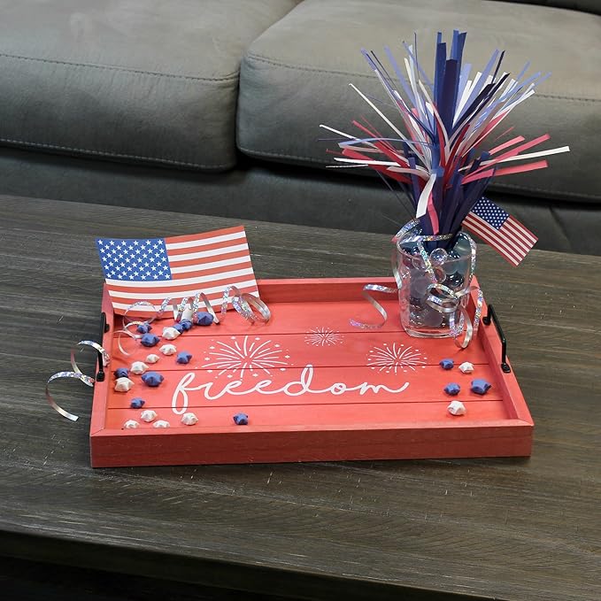 Elegant Designs Decorative Wood Serving Tray w/Handles, 15.50" x 12", Red Wash Freedom (HG2000-RFR)