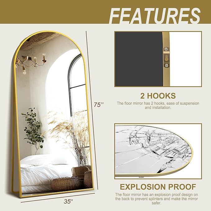 Delma Wall Mirror Full Length Mirror,Standing Mirror Full Body,Large Floor Mirror for Wall Door Bedroom Bathroom Living Room with Aluminium Frame(with Stand,Arch 75x35-Gold)