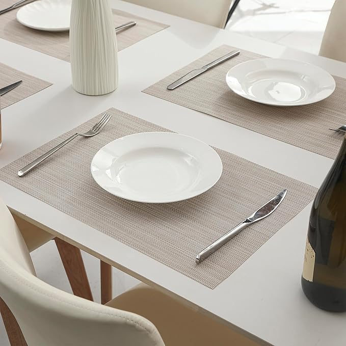 Leetaltree Beige White Placemats Set of 16 - Heat Resistant Non-Slip Place mats for Dining Table, Washable Durable PVC Vinyl Woven Table Mats(Beige White, 16)