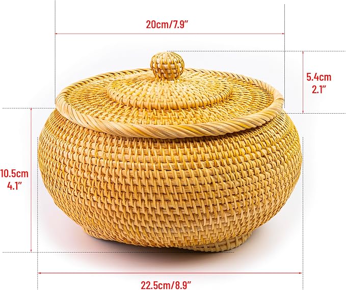 Hand-Woven Round Rattan Storage Basket with Lid – 8.6x5.1 Inch Durable Wicker Box for Picnic, Decoration, and Multi-Purpose Storage – Eco-Friendly Craftsmanship