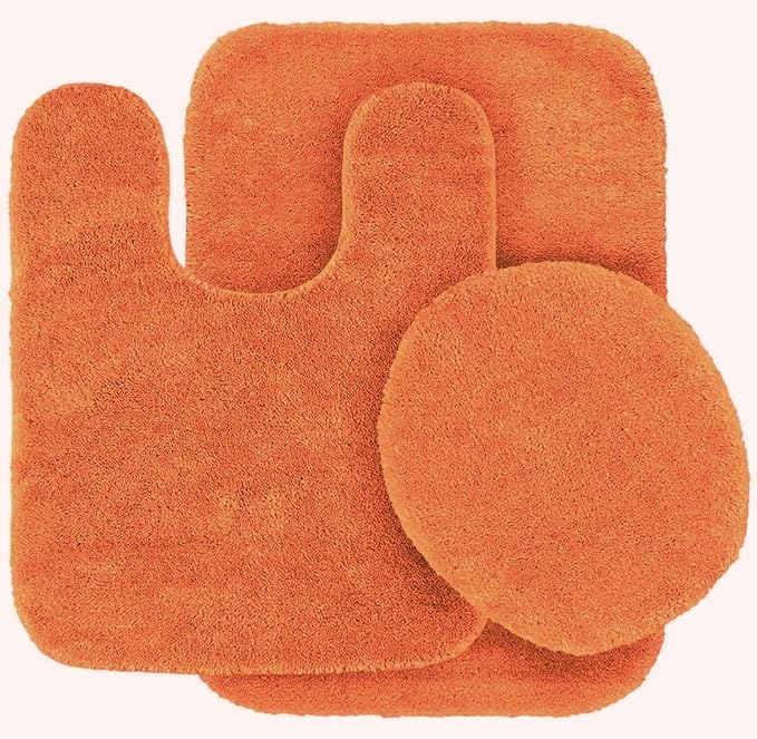 Fancy Linen 3pc Solid Non-Slip Bath Mat Set Bathroom U-Shaped Contour Rug, Mat and Toilet Lid Cover New # 6 (Orange)