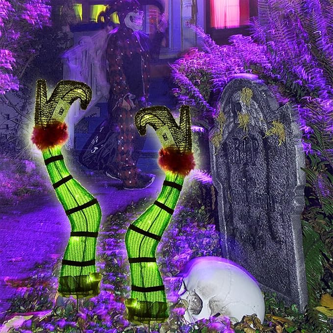 Juegoal Set of 2 Halloween Lighted Wicked Witch Legs with Stakes, 22" Light Up Tinsel Witch Prop, Halloween Yard Signs Timer & 8 Modes, Battery Operated for Outdoor Party Haunted House Garden Decor