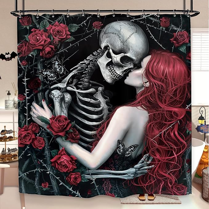 Skull Rose Gothic Halloween Shower Curtain 60Wx72L Inch Skeleton Scary Horror Black Red Horror Spooky Flower Floral Holiday Bathroom Set Accessories Decor with 12 Pack Hooks