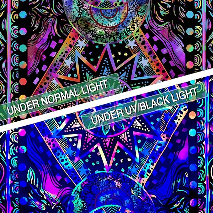 Blacklight Sun and Moon Tapestry Glow in The Dark Neon Hippie Bohemian Tapestries for Bedroom Aesthetic UV Reactive Purple Celestial Tie Dye Tapestry Wall Hanging for Living Room Dorm (40'' × 30'')