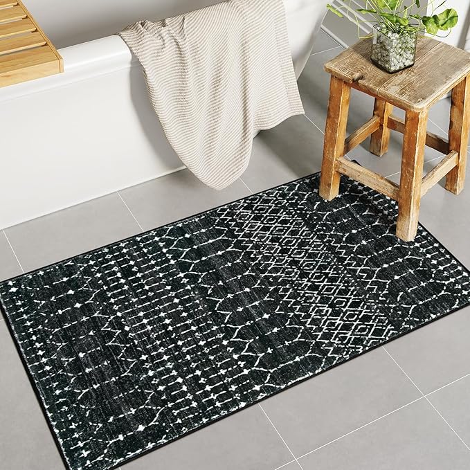 Lahome Moroccan Black Area Rug - Non-Slip Low-Pile Washable Entryway Rug Kitchen Bath Mat 2'x4' Geometric Print Carpet for Hallway Bedroom