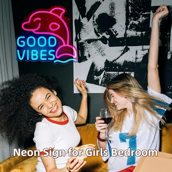 Good Vibes Neon Dolphin Sign, Ice Blue & Pink for Bedroom Wall Decor, Party or Happy Hour, Brightness Adjustable | Includes 5V Charger