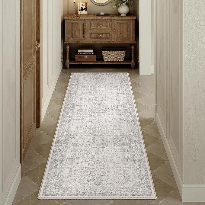 Gray Runner Rug 2x5 Hallway Machine Washable Kitchen Vintage Distressed Non Slip Carpet Indoor Grey Retro Floral Bedroom Accent Throw Rug for Bathroom Office Laundry Dining Living Room