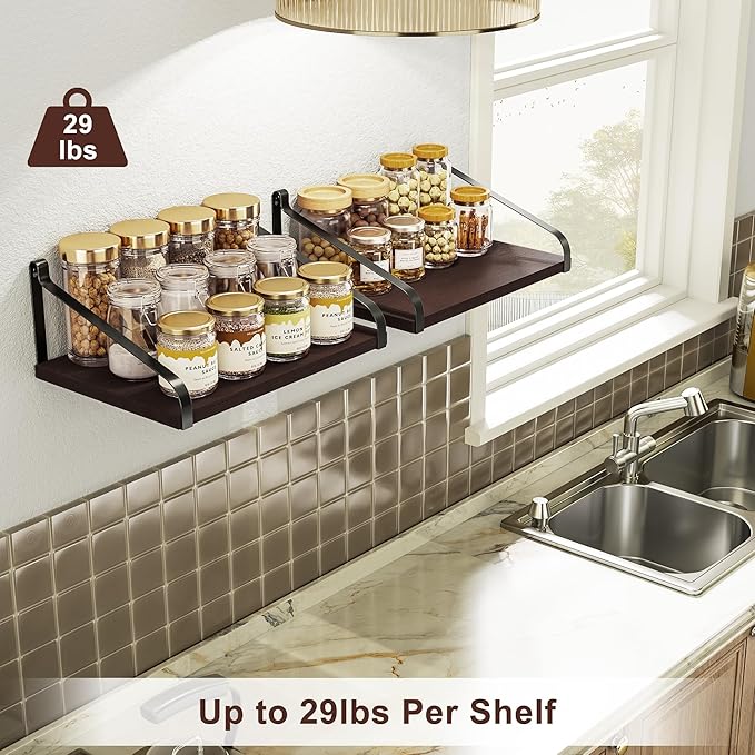 Love-KANKEI Floating Wall Shelves Mount Solid Wood with Enough Storage L16.5 x W12 inch for Kitchen Living Room Bathroom Bedroom Set of 2 Dark Walnut