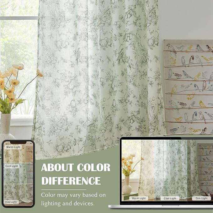 jinchan Linen Floral Curtains for Living Room 96 Inch Long Sage Green Printed Flower French Country Curtain Farmhouse Cottage Core Toile Curtains Back Tab Light Filtering Window Drapes Set 2 Panels