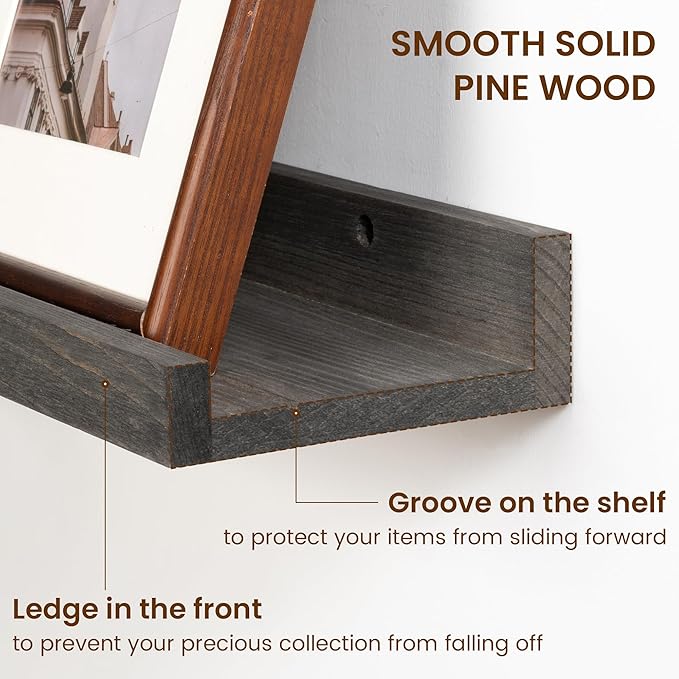 Picture Ledge Shelf, Solid Pine Wood Rustic Floating Shelves for Wall, 16 Inch Floating Shelves with Lip for Bedroom Kitchen Living Room Nursery Display Wall Decor, Set of 2 (Grey)