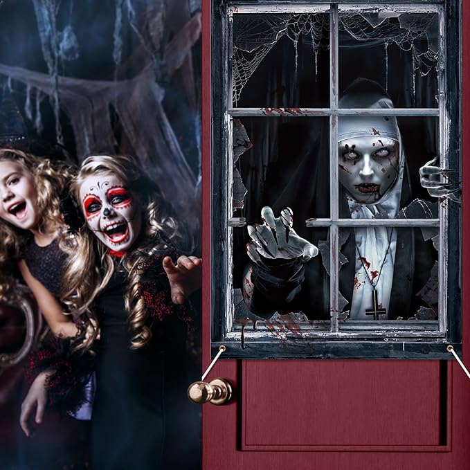 2 Pcs Halloween Scary Curtain Halloween Window Silhouette Decoration Blood Ghost Window Cover Horror Theme Poster for Indoor Outdoor Party Wall Garage Door Decor(Zombies and Ghost)