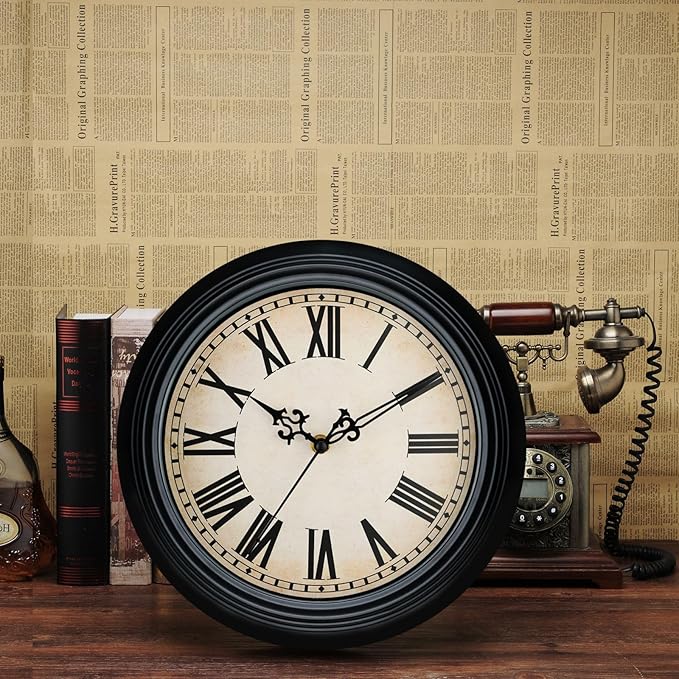 Plumeet Small Retro Wall Clock, 10'' Non Ticking Classic Silent Vintage Wall Clocks Decorative Kitchen Living Room Bedroom, Roman Numerals, Battery Operated, Black