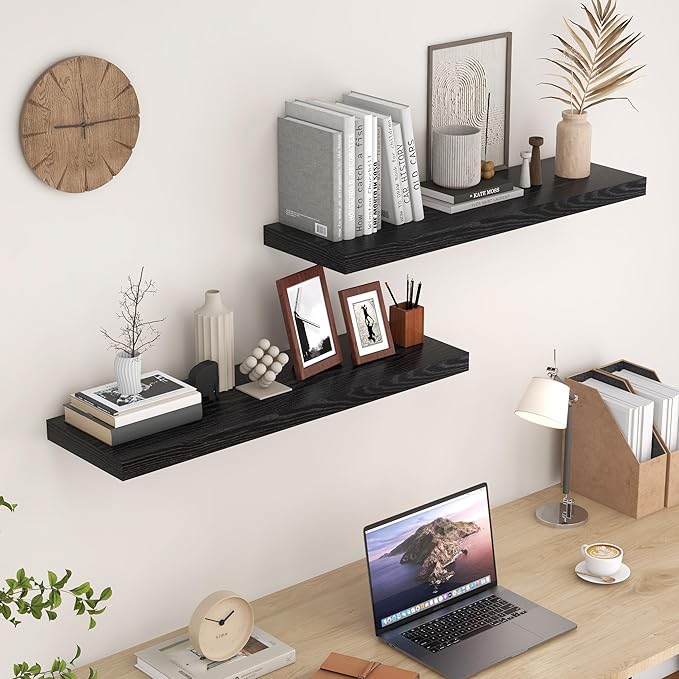Floating Shelves Black 36 Inch Long, 9.3" Deep Floating Shelf Wall Mounted, Rustic Deep Bookshelf, Large Display Storage Shelves for Bathroom, Bedroom, Kitchen, 36"W x 9.3"D x 1.5"H, Set of 2