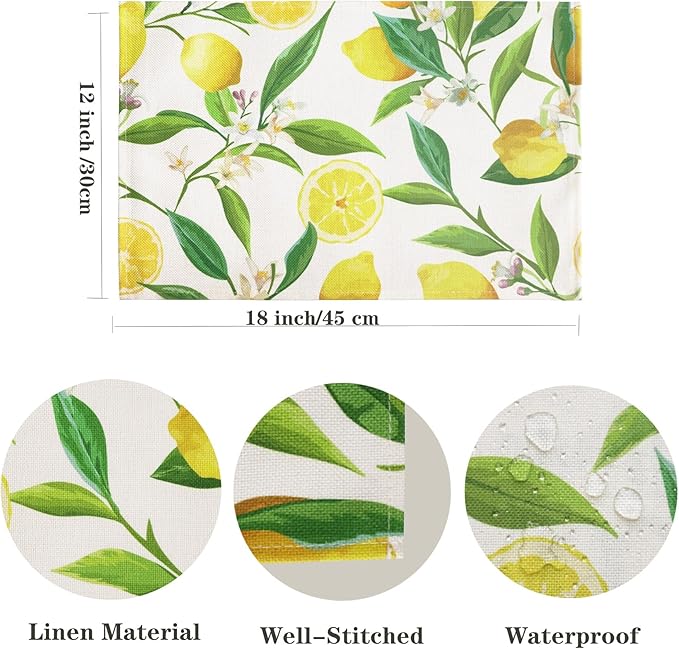 Lemon Table Placemats Set of 4 Place Mats Linen Washable Wipeable Placemats Heat Resistant Placemats Fabric Waterproof Rectangle Table Mat for Kitchen Dining Dinner 18 X 12 Inch, Lemon
