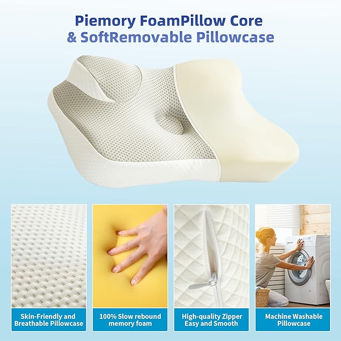 Cervical Neck Pillow for Pain Relief, Contour Memory Foam Pillows for Sleeping, Ergonomic Neck Support Pillow, Suitable for Side Back Stomach Sleepers with Cooling Pillowcase, Grey