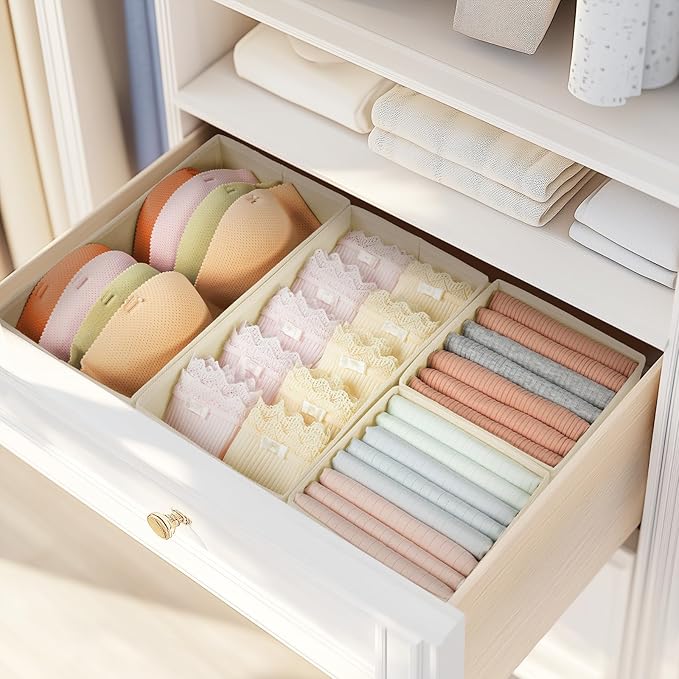 DIMJ Drawer Organizers for Clothing, Set of 8 Fabric Closet Organizers and Storage, Dresser Organizers, Drawer Dividers for Baby Clothes, Socks, Belt, Tie (Beige)