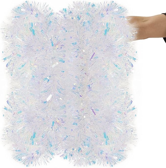 26.2 Feet Iridescent White Holiday Tinsel Garland for Christmas, Birthday, Weddings, Party Decorations, Xmas Foil Tinsel Garland for All-Season Home Indoor Outdoor Party Supplies(Iridescent White)