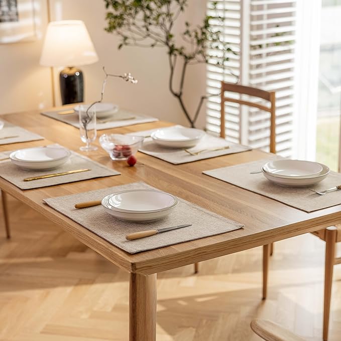 Demetex Linen Placemats Set of 6 Heat Resistant Wipeable Cloth Table Place Mats for Dining Table Indoor Restaurants, 13 x 19 inches, Linen