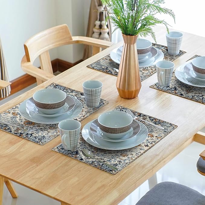 Brown Navy Blue Ethnic Boho Placemats Set of 4 Bohemian Carpet Vintage Gold Black Tan Floral Linen Washable Kitchen Dining Table Mats Stain Heat-Resistant Desktop Place Mats for Home Party 12x18 in
