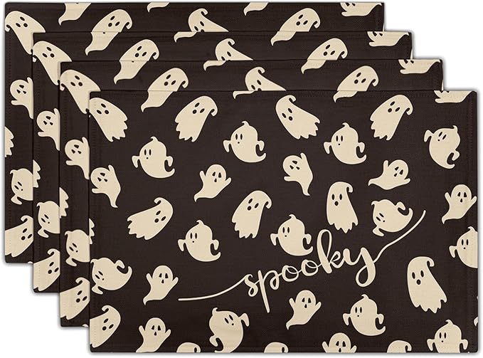 Giwawa Halloween Placemats Set of 4, 12x18 Inch Spooky Gothic Ghosts Black Place Mat for Kitchen Dining, Holiday Double Sided Heat Resistant Table Mats for Tabletop Party Indoor Outdoor Decor