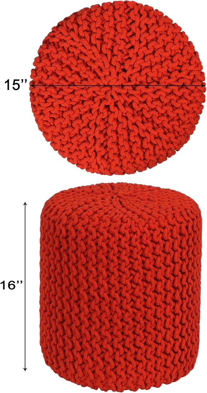 COTTON CRAFT Braided Round Pouf - Hand Knitted Cotton Cord Cable Dori Cylindrical Ottoman - Foot Stool - Floor Pouf - Footrest - Accent Seat - Living Room Bedroom Dorm Décor - 15 Round x 16 H - Orange