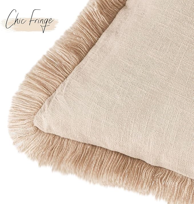 Foindtower Set of 2 Decorative Linen Fringe Throw Pillow Covers Boho Farmhouse Cushion Cover with Tassels Soft Accent Pillowcase for Couch Chair Sofa Bed Living Room Home Decor,18×18 Inch,Tan Beige
