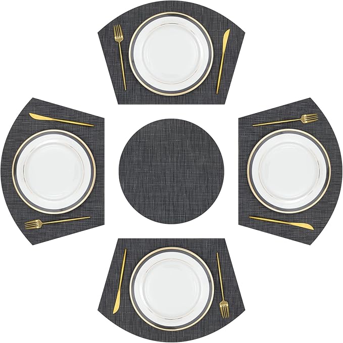 SHACOS Large Size Wedge Placemats with Centerpiece Round Mat Set of 5 Round Table Place Mats Washable Dining Table Placemats Reversible Durable, Black Gray