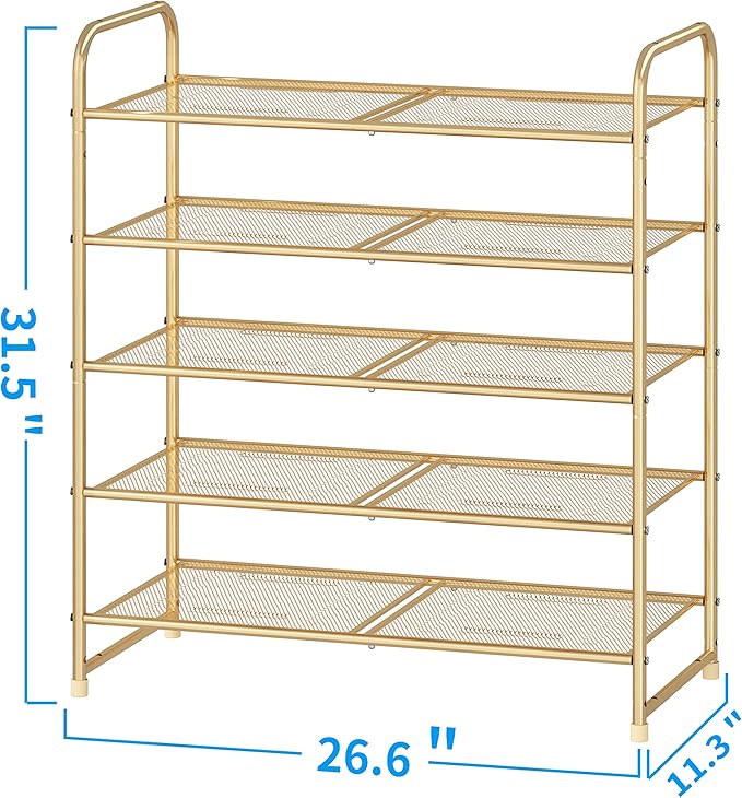 Simple Trending 5-Tier Stackable Shoe Rack, Expandable & Adjustable Shoe Shelf Storage Organizer, Metal Mesh, Gold