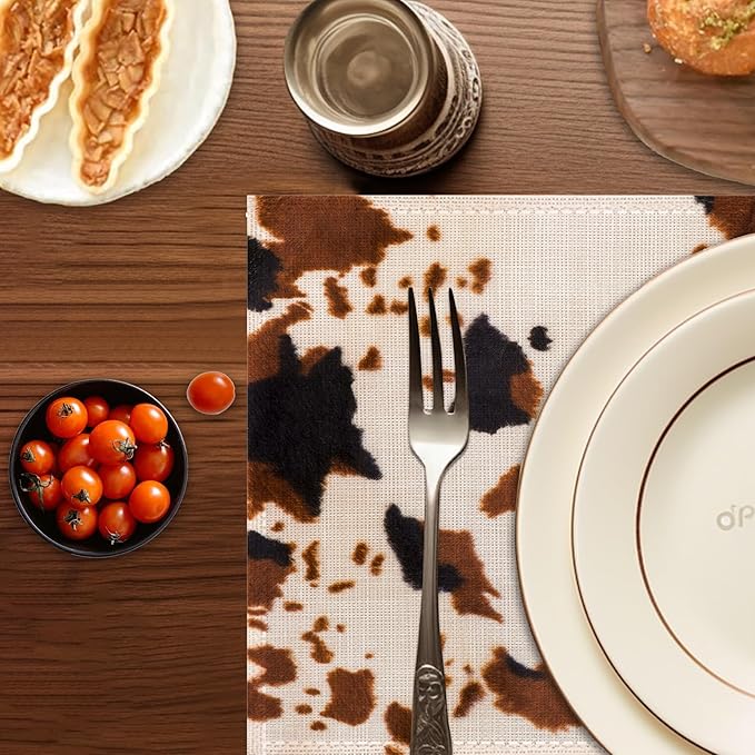 Cow Print Placemats Set of 6,Washable Heat Resistant 12×18 Inch Linen Table Mats Farmhouse Place Mats for Party Outdoor Dining Décor