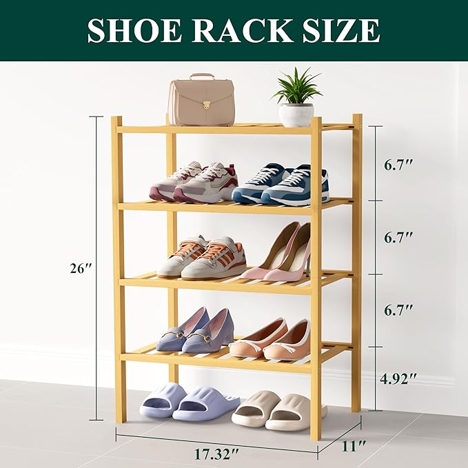 Smiry Bamboo Shoe Rack for Closet, 4 Tier Small Wooden Stackable Shoe Organizer, Free Standing Shoes Storage Shelf for Entryway, Front Door Entrance, Natural