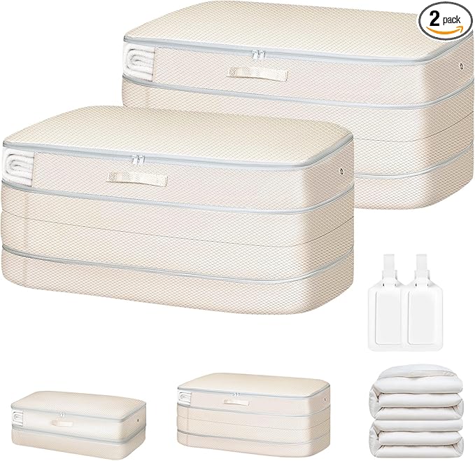 Comforter Storage Bag - Large Capacity Bedding Storage Bags Ultra Space Saving Self Compression Organizer, Washable Compression Bags for Storage Comforter Blanket Duvet Pillow, 2-Pack, Beige