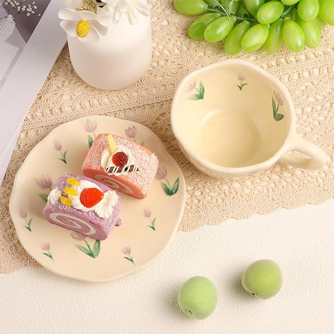Cappuccino Cups with Saucers 8 oz Latte Art Cup Ceramics Coffee Mugs Irregular Aesthetic Flower Cups for Espresso, Double Shot, Americano, Latte, Tea - Microwave and Dishwasher Safe (Purple Tulips)