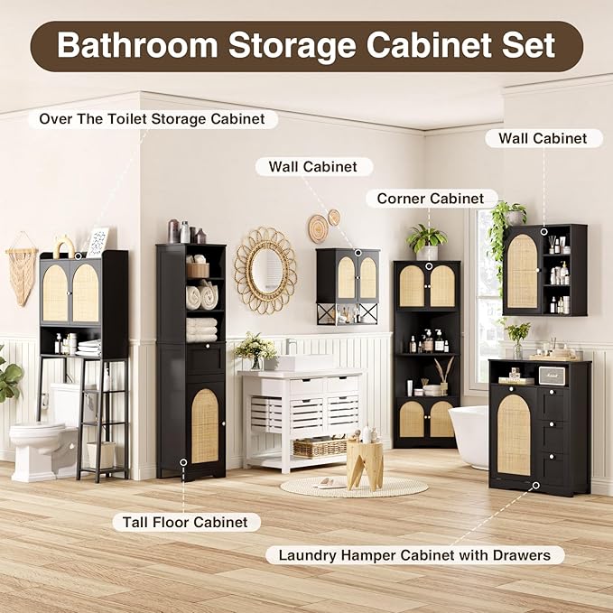 Rattan Bathroom Wall Cabinet, Boho Medicine Wall Cabinet with Double Doors and Adjustable Shelves, Tall Kitchen Wall Mounted Storage Cabinet, Floating Space Saver Over Toilet, Black