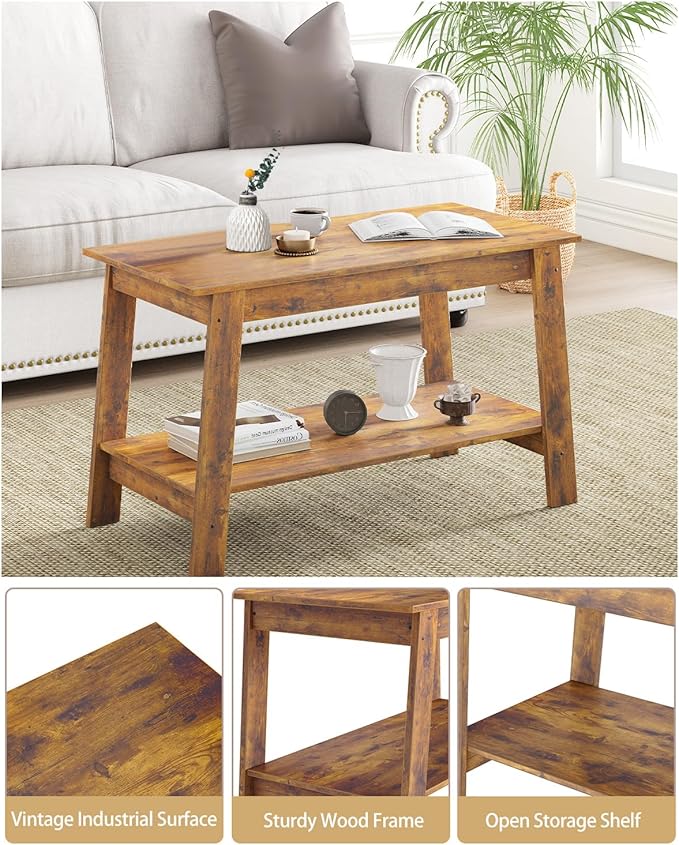 2-Tie Coffee Table, Rustic Wood Living Room Tables with Open Rectangular Storage Compartment, Coffee Tables for Living Room, Outdoors, Home Office, Bedroom, Retro Brown