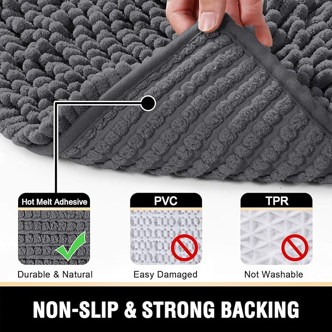 H.VERSAILTEX Luxury Chenille Bathroom Rugs - Non-Slip Bath Mats, Extra Soft Absorbent Shaggy, Washable Fast Dry 2 Piece Set (Grey, 20" x 32"/17" x 24")