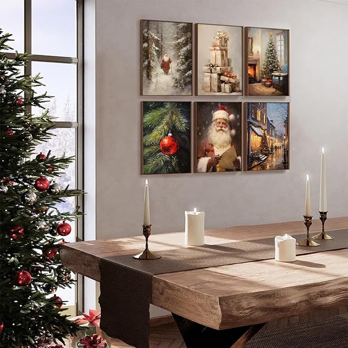 Christmas Canvas Wall Art Christmas Pictures Wall Decor Christmas Poster Winter Vintage Holiday Gallery Print set of 6, Santa Claus Tree Gift, Santa Oil Painting Christmas Holiday Decor- 8"X10"