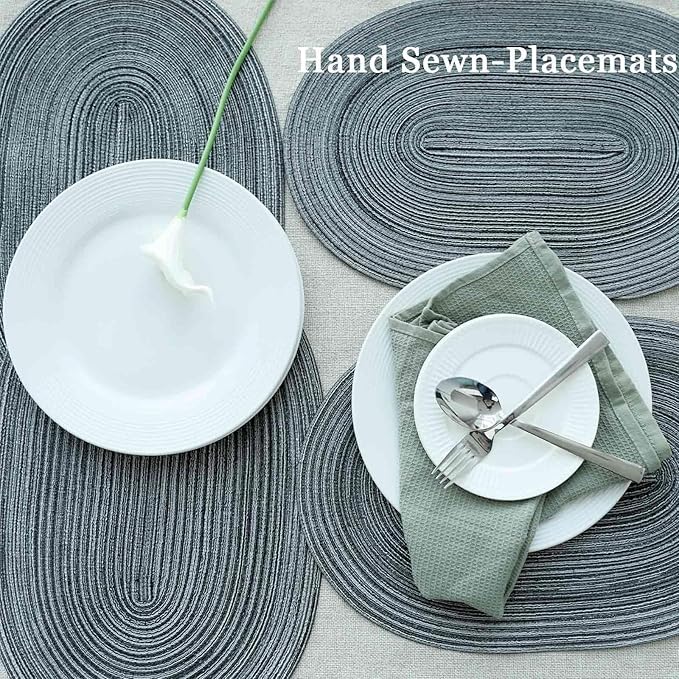 Noctiflorous Oval Braided Placemats Set of 6 Woven 12x18 Inch Non Slip Washable Heat Resistant Place Mats Tablemats for Dining Kitchen Party Daily Table Decor Dinner Mats (Black Gray, 6)
