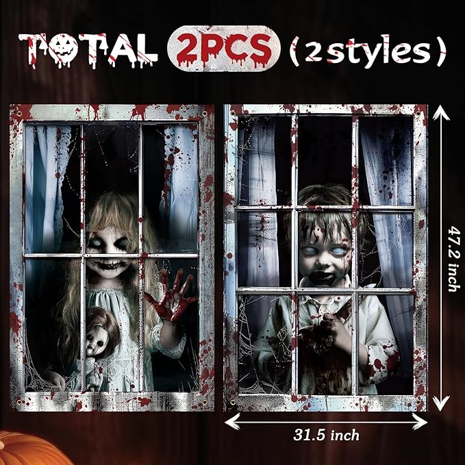 2 Pcs Halloween Boy and Girl Scary Curtain Halloween Window Silhouette Decoration Blood Ghost Window Cover Horror Theme Window Poster for Indoor Outdoor Party Wall Garage Door Decor